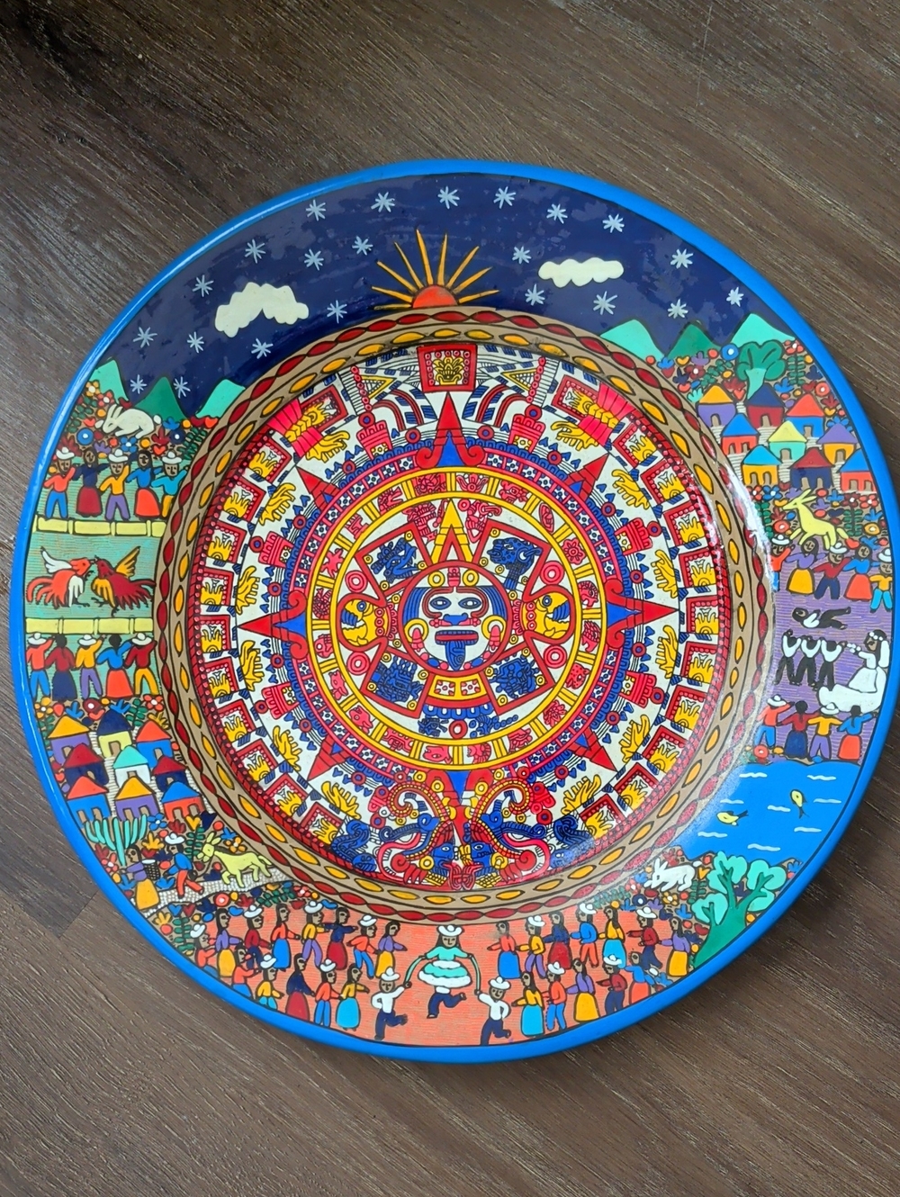Hand-Painted Blue Multicolor Aztec-Style Decorative Ceramic Plate